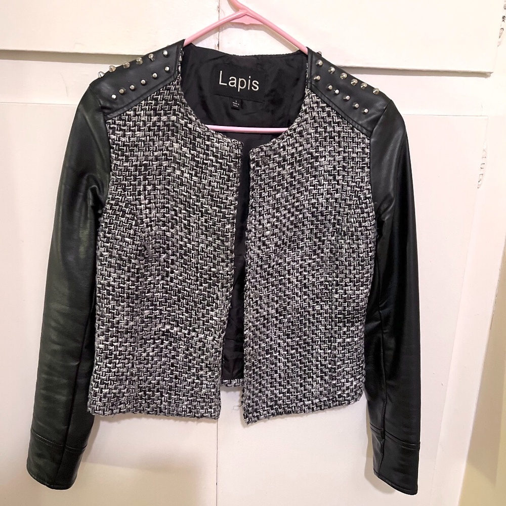 Studded Faux Leather & Woven Tweed Style Coat
